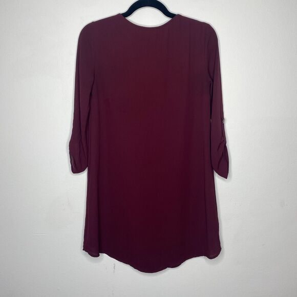 Lush Inverted Pleat V-Neck Plum Drapey Shirt Tail Dress 3/4 Tab Sleeves XS - Picture 4 of 11